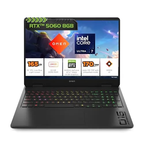 HP Omen Smartchoice, Intel Core Ultra 7 255H, 8GB RTX 5060, 24GB DDR5(Upgradeable) 1TB SSD, 2K, 165Hz, 3ms, IPS, 16''/40.6cm, Win11, M365*Office24, Shadow Black, 2.43kg, am0238tx, RGB Gaming Laptop