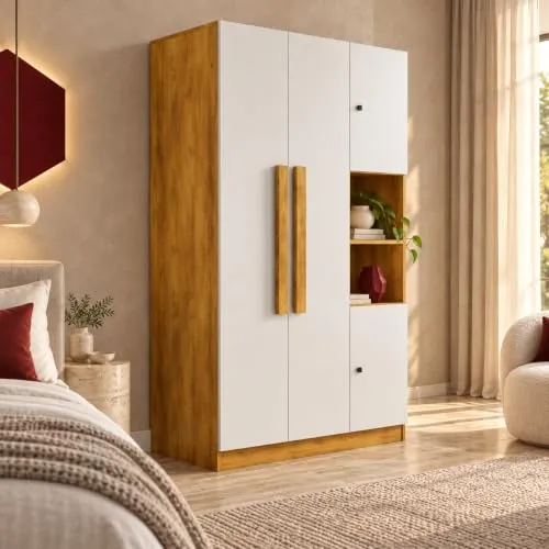 Bniture Wooden Almirah for Clothes, Door for Bedroom, 4 Door Wardrobe with Hanging Space (50D x 105W x 180H CM) |3 Year Warranty (Giant Wood & Frosty White)