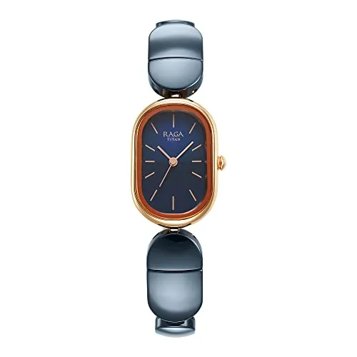 Titan Raga Ceramics Quartz Analog Midnight Blue Dial Two Toned Blue Ceramic & Rose Gold Stainless Steel Strap Watch for Women - NS95147KD01