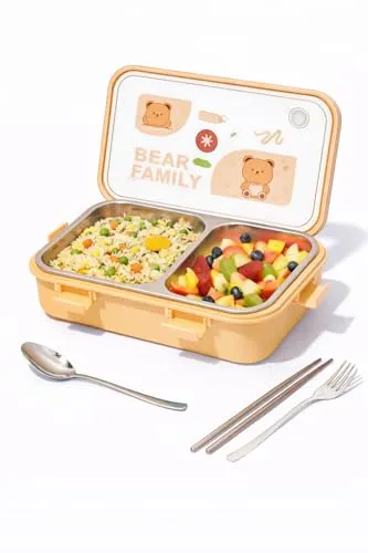 Brand Conquer Lunch Box Leak-Proof BPA Free Stainless Steel for School, Lunch Box for School & Office with a Fork, a Spoon and a Pair of Chopsticks (Yellow, Bear Family 2 Compartment)
