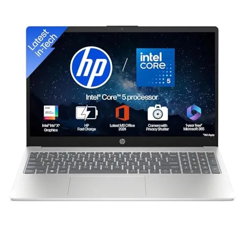 HP 15, Intel Core 5 120U (14th Gen) 8GB DDR4, 512GB SSD, FHD, Anti-Glare, Micro-Edge, 15.6''/39.6cm, Win11, M365(1yr)* Offic24, Silver,1.65kg, fd1444TU/fd1654tu, FHD Camera w/Shutter, Backlit Laptop
