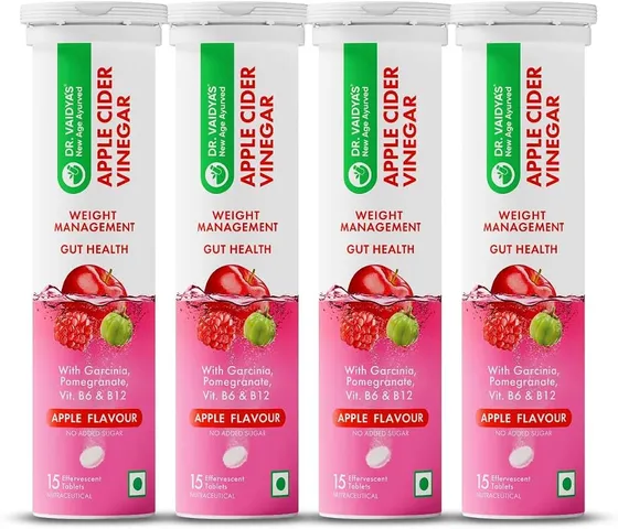 Dr. Vaidya's Apple Cider Vinegar (ACV) Effervescent Tablets with Garcinia, Pomegranate, Vitamin B6 & B12 | Supports Weight Management, Metabolism, Digestion & Gut Health | Tasty Apple Flavour | 15 Tablets per Pack , Pack of 4