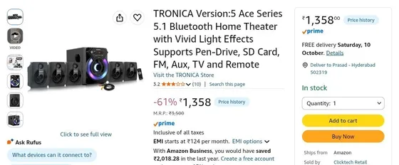 TRONICA Version:5 Ace Series 5.1 Bluetooth Home Theater with Vivid Light Effects Supports Pen-Drive, SD Card, FM, Aux, TV and Remote