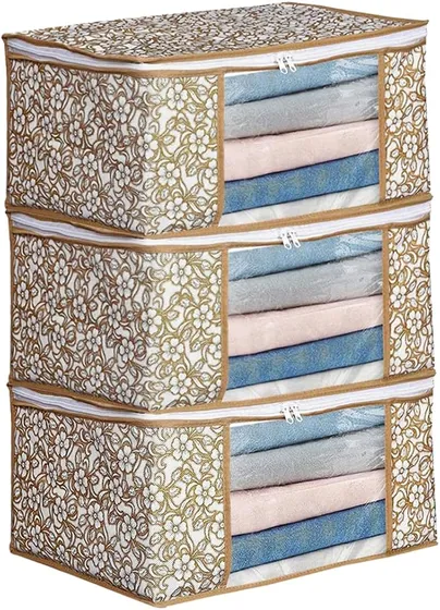 Ai Ankit International Non-Woven Saree Covers With Zip | Set Of 3 Clothes Cover Bags - Storage Organizer For Saree | Shirts | Salwar Suit | Lehenga - Dress Organizer For Wardrobe, 22 Cm, Beige, 32 Cm