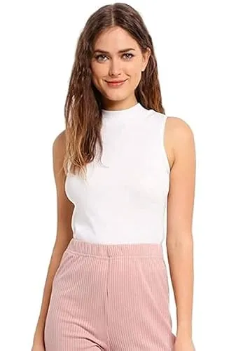 TUSI Women's Essential Tank Top High/Mock Neck Full Length Turtle Neck Sleeveless Knit Rib Stretchable CT-03 (Medium, WHITE)