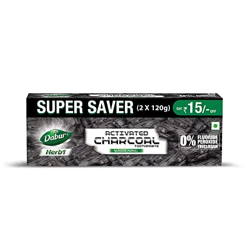 DABUR Herb'L Activated Charcoal Toothpaste 240G (120G x2, Pack of 2)|Whitening Black Gel Toothpaste|Fluoride Free|Fights Plaque & Extrinsic Stains|With Power of Mint|Cool & Refreshing Mouth Experience