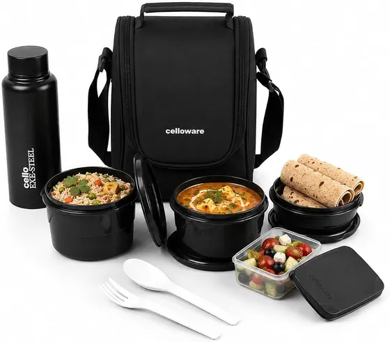 CELLO MF All In One Lunch Box with Bag for Office Use, Black | 225ml, 375ml, 550ml Microwave Safe Containers, 175ml Salad Box, 500ml Bottle with Fork & Spoon, Airtight Leak Proof Tiffin Box for Travel