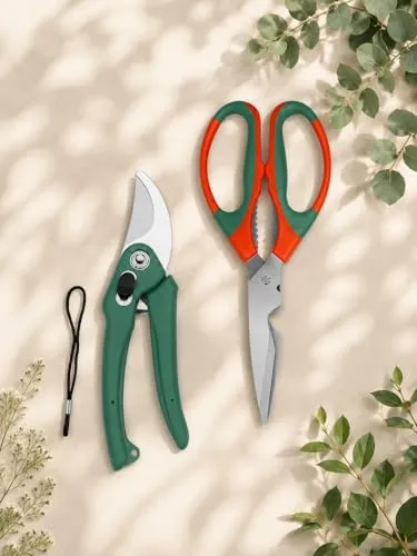 Multipurpose Gardening Scissors & Green Pruner Set of 2– Heavy Duty Garden Shears with Stainless Steel Blades and Soft Grip Handles for Pruning, Trimming, Harvesting, and Plant Care (GTK)