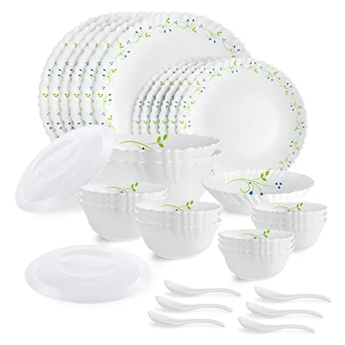 CELLO Tropical Lagoon Dazzle Series Opalware Dinner Set of 35 Pieces For Family of 6 | Bone-Ash Free & Leadfree Opal Glass, Microwave & Dishwasher Safe Plates & Bowls Crockery Set For Dining & Gifting