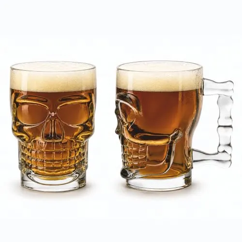 CELLO Skull Glass Beer Mug with Handle Set of 2 Pieces, 520 ml Transparent | Freezer & Fridge Safe, Durable Leadfree Dishwasher Safe Toughened Glass Mug for Serve Beer, Cocktail Mocktail & Beverages