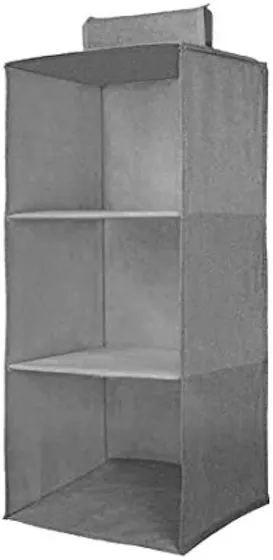 PrettyKrafts 3-Shelf Hanging Wardrobe Organiser with Engineered Wood Base | Heavy-Duty Non-Woven Foldable Closet Storage & Almirah Organizer for Clothes, Accessories, and Toys (Grey)
