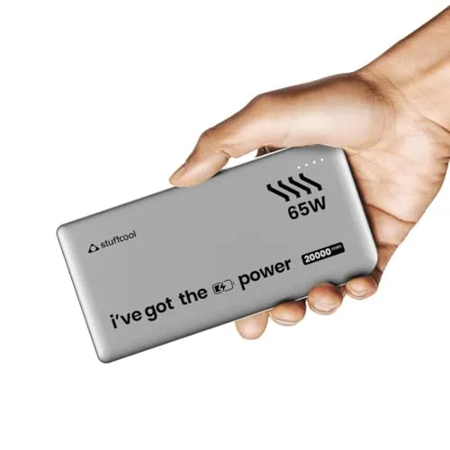 Stuffcool Major Ultra 65W PD Super Fast USB Charging 20000Mah Laptop Powerbank Supports Super Fast Charging 2.0, Charges Macbooks, Laptops, Dslrs and Gaming Console, Silver