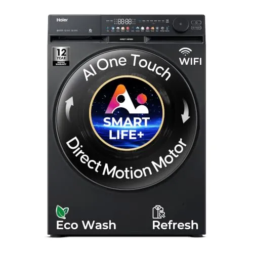 Haier Smart Choice 12 Kg AI Color Panel, One-Touch Smart Wash, Fabric Detection Fully Automatic Front Load Washing Machine with In-Built Heater,WI-FI, Black (HW120-DM14F9BKU1)