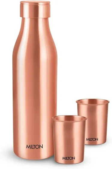 MILTON Copper Charge Drinkware Gift Set, 99.9% Pure Copper Water Bottle 850 ml each,2 Tumbler 280 ml each, Leak-Proof Design,Ayurveda Health Benefits, Boosts Immunity, Heart Health & Anti-Aging