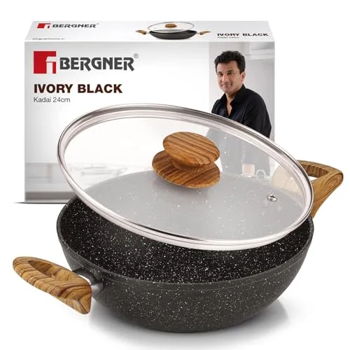 Bergner Ivory Black Granite Non-Stick 24cm (2.5L) Kadai with Glass Lid, 3-Layer Marble Healthy Non-Stick Coating, Forged Aluminium, Soft Touch Handles, PFOA Free, Induction and Gas Stove Ready - Black