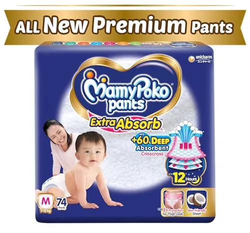 MamyPoko Pants Extra Absorb Baby Diapers, Medium (M size) | 7-12 kg | 74 Count |Deep Sleep Diapers| Soft gentle fit |Deep Absorbent Crisscross | skin friendly with coconut oil |