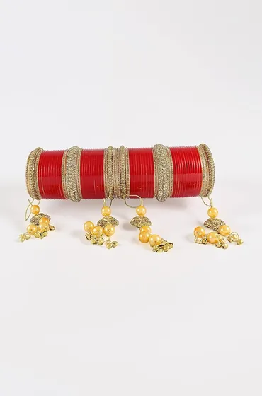 ZULKA Get your traditions Red Chuda Set For Bridal Women and Girls with Golden Zircon Stone & Pearls | Traditional Chuda Bangles | Dulhan Chura Set | AD Chooda Set | Women's Wedding Jewelry