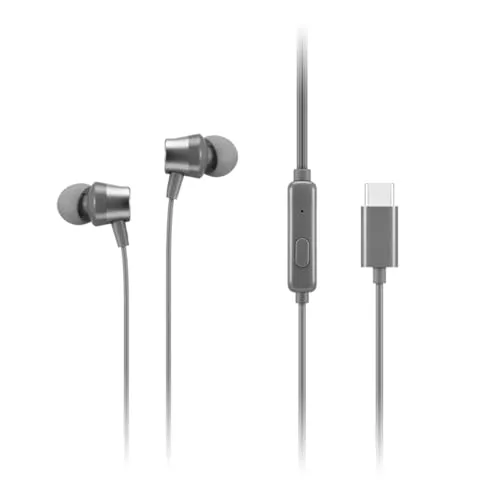 Lenovo - 300 Wired in-Ear USB-C Earphone - in-Line Microphone - USB-C Connectivity - Play & Pause Button - 3 Sizes Silicone Ear Tips Included, Grey