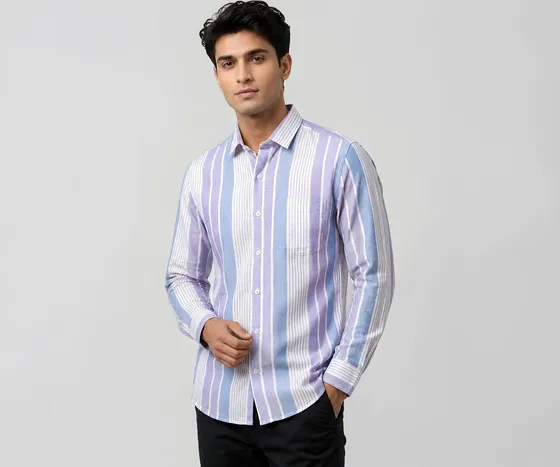 Men's Full Sleeve Striped Shirt | Spread Collar | Regular Fit | Casual Wear