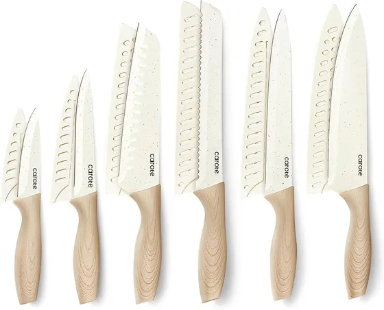 CAROTE Knife Set 12 Piece Ceramic Coated Stainless Steel with Guards White