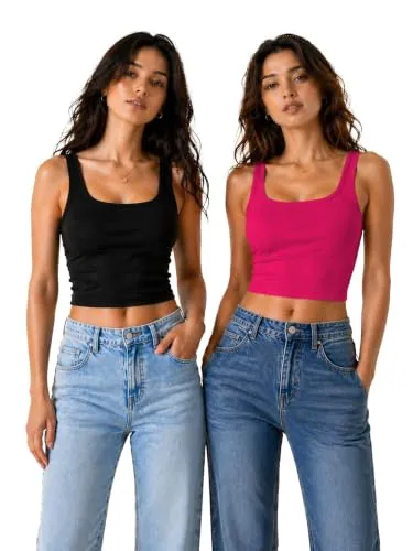 KERI PERRY Tops for Women Crop Top for Women's Tank Activewear Tee Casual Sports Cotton Square Neck Camisole Pack of Two (2)