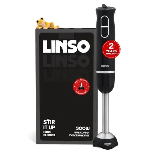 LINSO STIR 500W India’s 1st Anti-Scratch Hand Blender, 8 Speed + Turbo | 2-Year Warranty | Handheld Immersion Blender | Rust Resistant SS304 Blade | UK-Based Brand | Pure Copper DC Motor