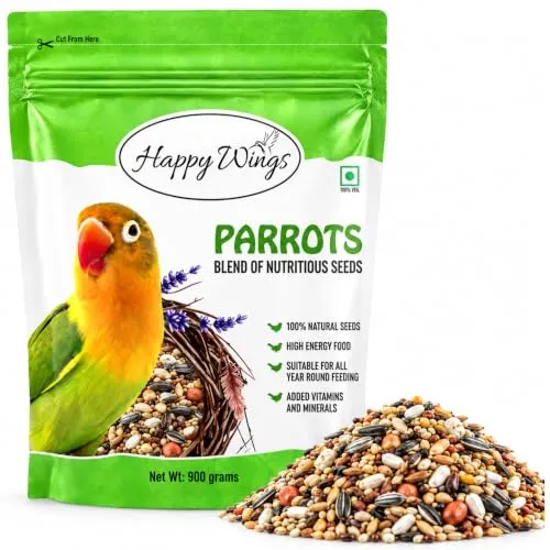 Happy Wings Mix Seed Bird Food for Parrots, African Grey Parrots, Macaws, Lorikeets - 900 gm | Premium Seed Blend | Bird Food for All Life Stages