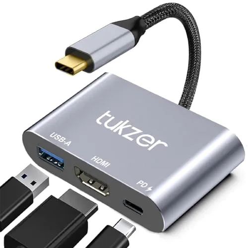 Tukzer 3-in-1 USB Type C to HDMI Adapter 4K, 100W PD Fast Charging Port, USB A 3.0 Speed, MultiPort HUB for MacBook Pro Air, Windows, Laptop, iPad, Tablet, Smartphone & All Type C 