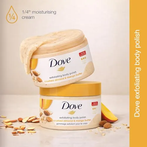 Dove Exfoliating Body Polish Scrub for Dry Skin with Crushed Almond and Mango Butter, Gently Exfoliates and Moisturizes to Reveal Instantly Soft, Smooth & Healthy Skin, Naturally Derived Ingredients, Sulfate-Free, Fruity Scent, 298g