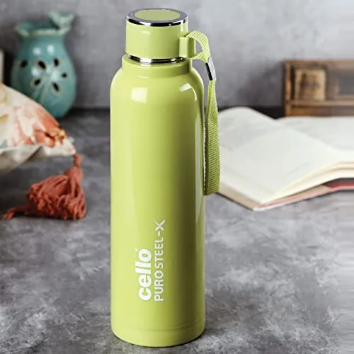 Cello Puro Steel-X Benz 900 PU Insulated Water Bottle 650 ml Green | BPA Free, Leakproof, ISI Certified |Hot & Cold Bottle for Gym, Office, College, Travel, Camping, Indoor & Outdoor Sports & Yoga