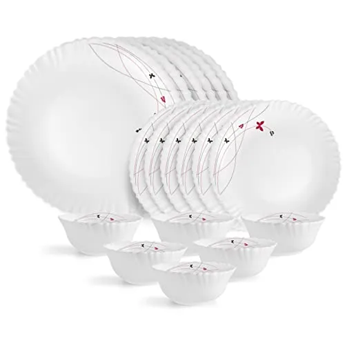 CELLO Lush Fiesta Dazzle Series Opalware Dinner Set of 18 Pieces for Family of 2 | Bone-Ash Free & Leadfree Opal Glass, Microwave & Dishwasher Safe, Plates & Bowls Crockery Set for Dining & Gifting
