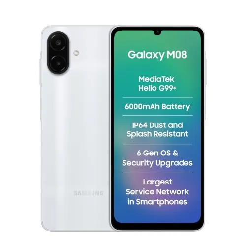 Samsung Galaxy M08 LTE (Silver, 4GB RAM, 64GB Storage), MediaTek Helio G99+ (6nm), 50MP Dual Camera, 6000mAh Battery, IP64 Rating, 6 Gen OS Upgrades