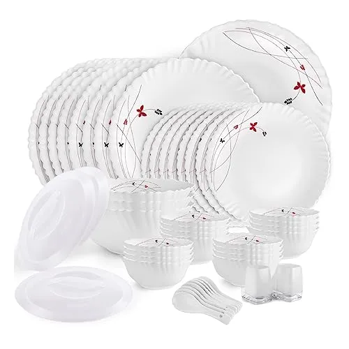 Cello Opalware Dazzle Series Lush Fiesta Dinner Set, 49Pcs | Opal Glass Dinner Set for 8 | Light-Weight, Daily Use Crockery Set for Dining | White Plate and Bowl Set