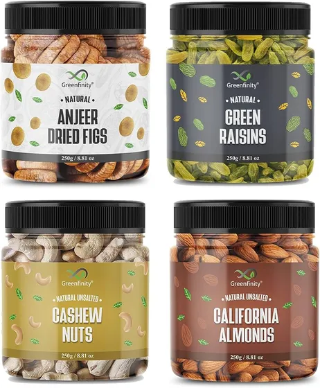 GreenFinity Dry Fruits Combo Pack - 1kg (Almonds, Cashews Nuts, Green Raisins, Anjeer - Each 250g) - All Premium.