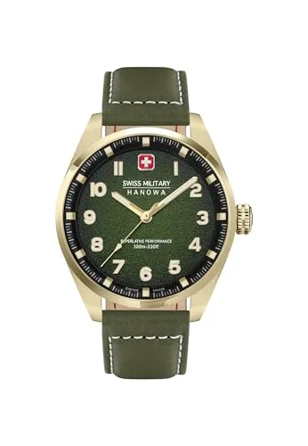 Swiss Military Hanowa Airman| Green dial| Green Leather Strap| 100 M Water Resistant| Swiss Made Watch for Man | SMWGA0001550