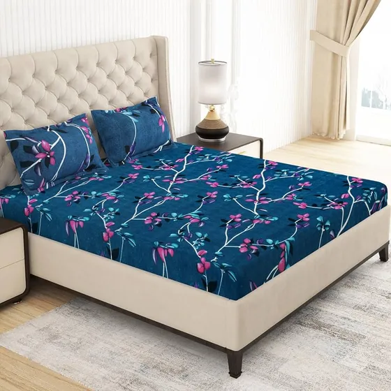 150 TC Cotton Feel Glace Cotton Printed Double Bed Bedsheet with 2 King Size Pillow Cover, Dark Blue Leafs Design, 220 x225 cm