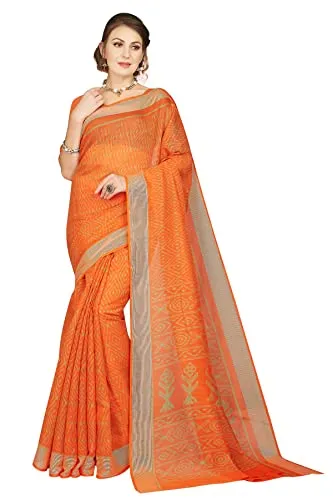 RANI SAAHIBA Women's Cotton Blend Woven Border Printed Saree with Blouse Piece (SKR9062_Orange)