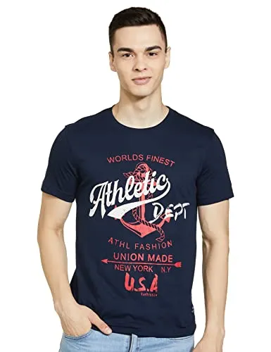Van Heusen Men's Athleisure Crew Neck Regular Fit T-Shirt - Short Sleeve, Chest Graphic_60096_Navy Ny_M