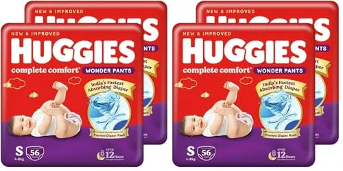 Huggies Complete Comfort Wonder Pants | Pant Style Baby Diapers S Size, 112 Count | India's Fastest Absorbing Diaper, Patented Dry Xpert Channel, Ideal for 4 to 8 Kgs (Pack of 2)