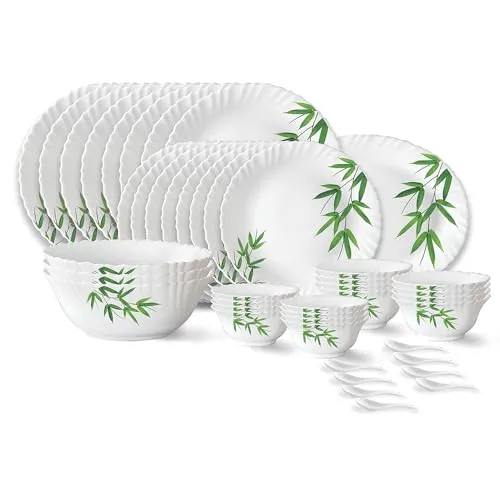 Larah by Borosil Bamboo Leaves Fluted Series Opalware Dinner Set | 44 Pieces for Family of 8 | Microwave & Dishwasher Safe | Bone-Ash Free | Crockery Set for Dining & Gifting | Plates & Bowls | White
