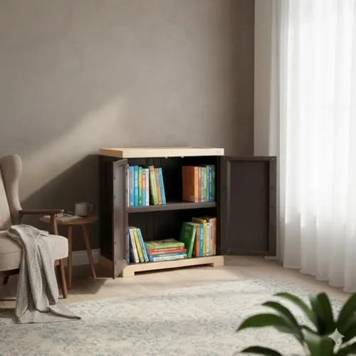 Cello Novelty Compact Bookshelf, Brown & Beige | 2 Dustproof Doors | Space Saving Cupboard | Plastic Book Shelf | Multipurpose Book Shelf for Home, Office | Book Organizer for Library