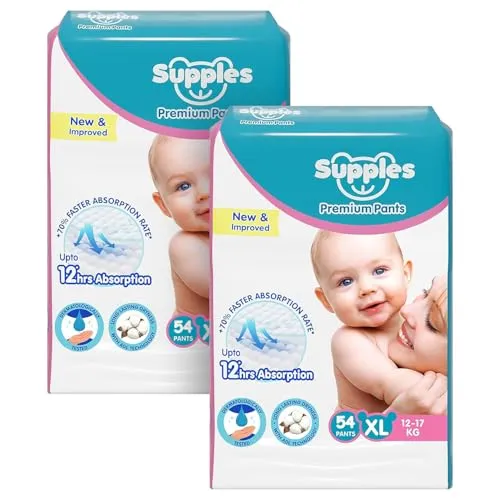 Amazon Brand - Supples Premium Baby Diaper Pants | 108 Baby Diapers | XL | 12-17 Kg | 12 Hrs Absorption | Cushiony Cotton Soft Fabric | Phthalates-Free | Triple Leak Guard | 54 Count, Pack of 2