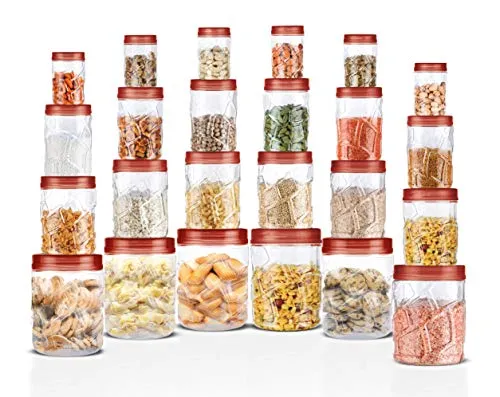 MILTON Vitro PET Canister Set of 24 (6x300ml,6x700ml,6x1400ml,6x2000ml) Airtight, Food Grade, Stackable, For Grains, Pulses, Spices, Cereals, Cookies, Dry Fruits, Fridge Storage Container, Red Wine