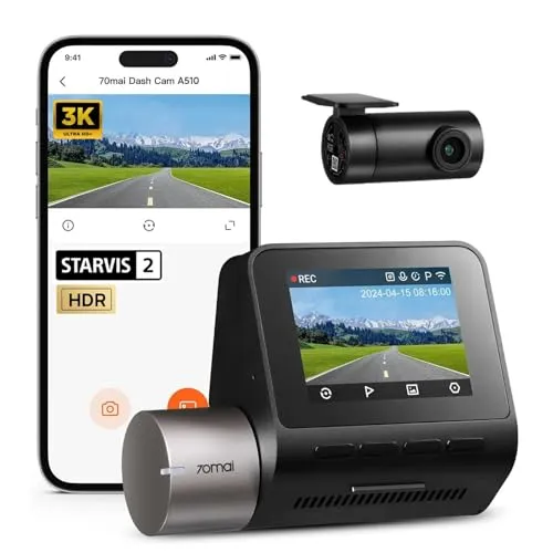 70mai A510 HDR 3K Dual Channel Dash Cam, BITA 2026 Best Dashcam Award Winner, STARVIS 2 IMX675 Sensor, ADAS, GPS Logger, MaiColor Vivid+ Night Owl Vision, App Playback, Parking Monitoring