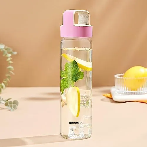 Borosil 550ml Neo Water Bottle | Borosilicate Glass Wide Mouth Bottle for Fridge | Extreme Temperature Resistant For Hot & Cold Water, Milk, Lassi, Juice (Pink Husk Lid)
