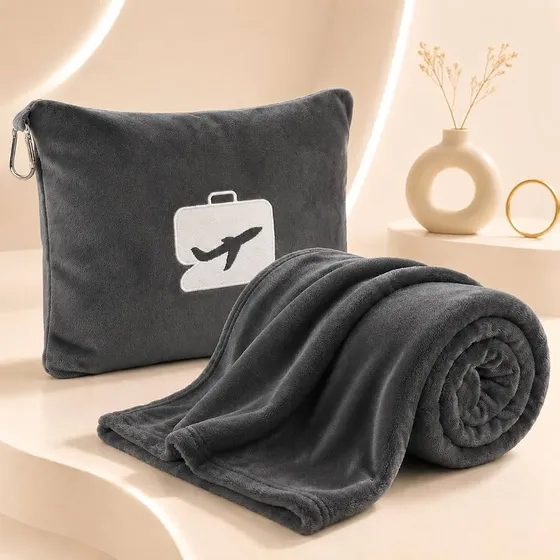 SANMARINO Luxury Travel Pillow Blanket – Ultra-Soft Flannel, 2-in-1 Compact Design, 65x40 Inches – Plush & Portable Comfort for Travel, Flights & Camping with Carry Case, Black (Grey)