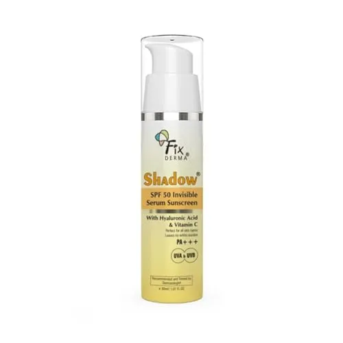 FIXDERMA Shadow Invisible Serum Sunscreen SPF 50+ PA+++|Ultra Lightweight Transparent Sunscreen with Vitamin C & Hyaluronic Acid|No White Cast|For All Skin Types|For Men & Women|Airless Pump 30 ML