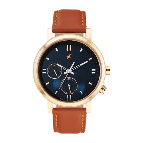Fastrack Tick Tock Quartz Multifunction Blue dial Tan Leather Strap Watch for Guys - NT3287KL03