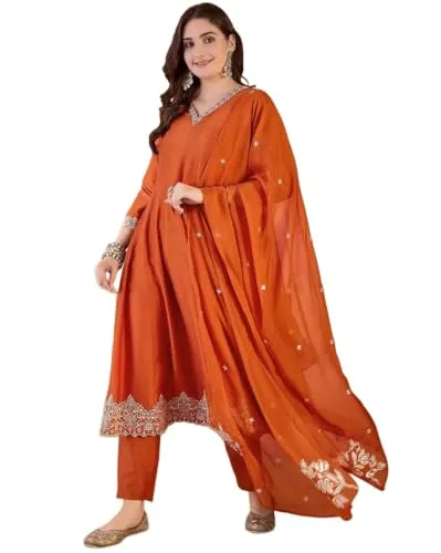 Couturino Trendy and Stylish Roman Fabric Kurta set For Women - Orange