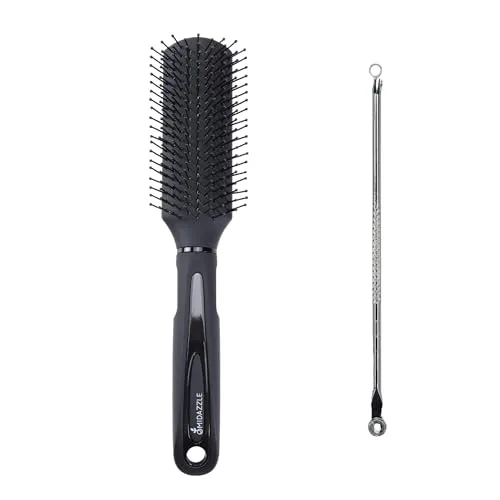 Midazzle Blackhead Remover and Black Silver Flat Hair Brush, Beauty Tool Set, 2 Pieces